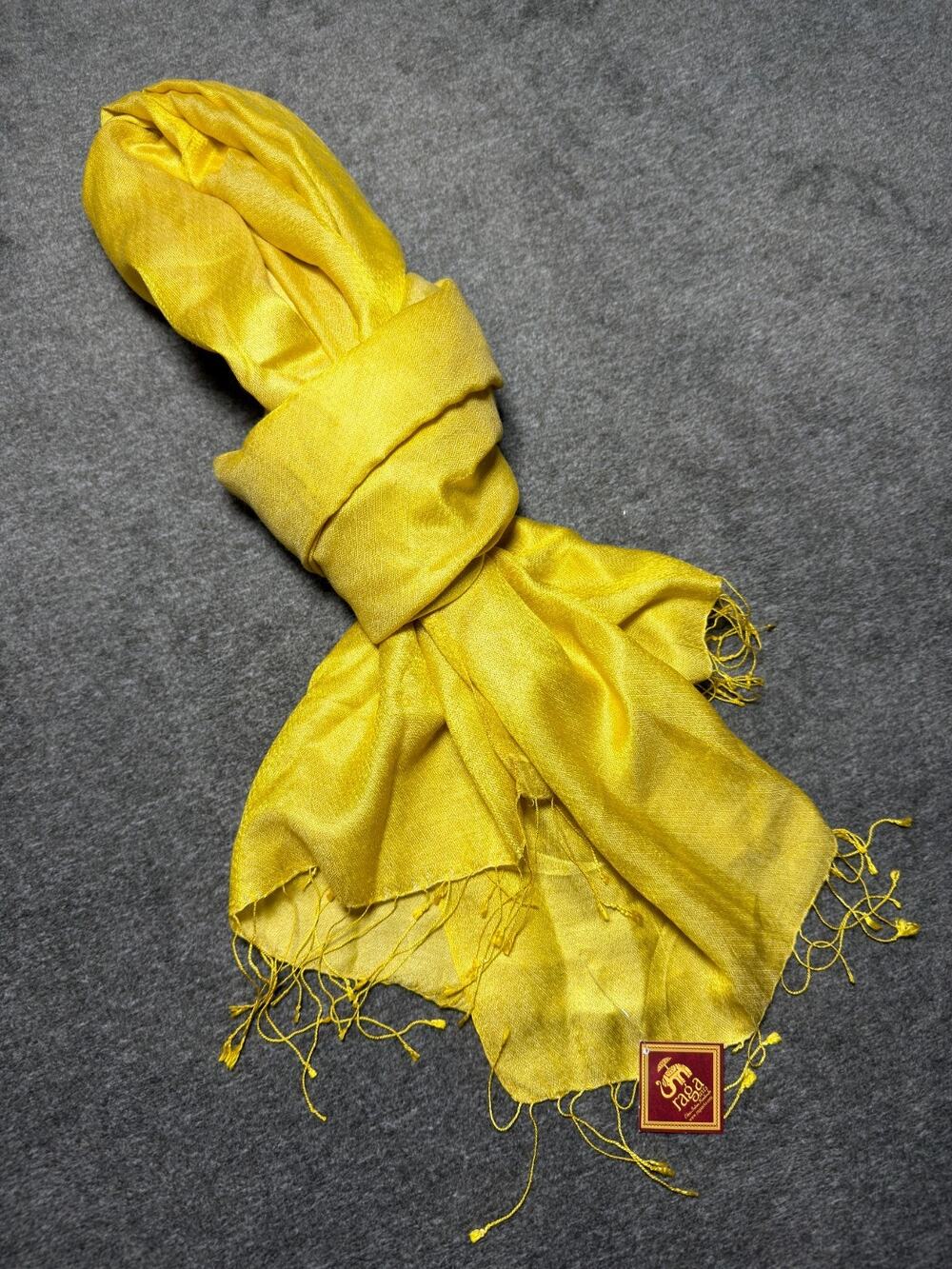 NWT Raga Arts Indian Handicraft Yellow 100% Silk Scarf Wrap Shawl Fringe Tassel